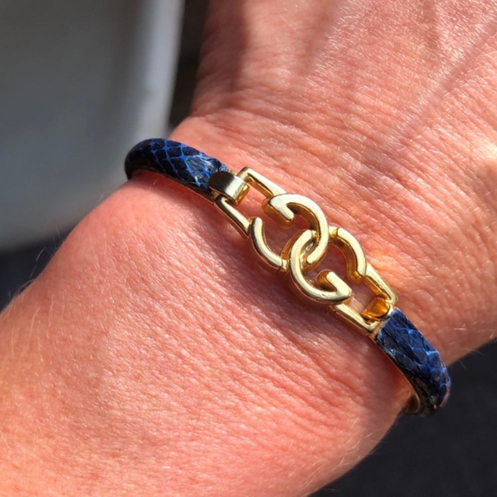 Vintage Gucci Gold GG Blue Snakeskin Bracelet - Picture 1 of 6